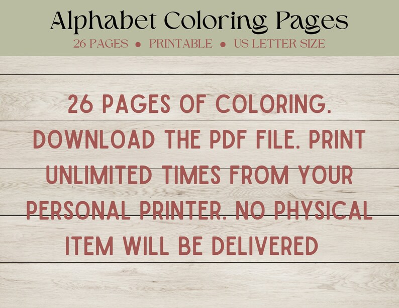 K&ouml;nnte beinhalten: Ein digitaler Download von 26 druckbaren Alphabet-Malvorlagen f&uuml;r Kinder. Die Seiten sind f&uuml;r US-Briefpapier im Letter-Format konzipiert. Der Text lautet: "26 Seiten zum Ausmalen. Laden Sie die PDF-Datei herunter. Drucken Sie unbegrenzt oft von Ihrem pers&ouml;nlichen Drucker aus. Es wird kein physischer Artikel geliefert."