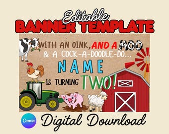 Editable Birthday Banner - Farm Banner - Oink, Moo - DIY Custom Party Decor (Instant Download)