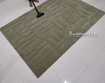 Minimalist sage green high low rug premium quality designer handtufted wool rug for living room bedroom office lounge hall christmas gift