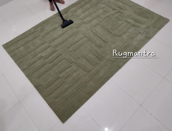 Minimalist sage green high low rug premium quality designer handtufted wool rug for living room bedroom office lounge hall christmas gift