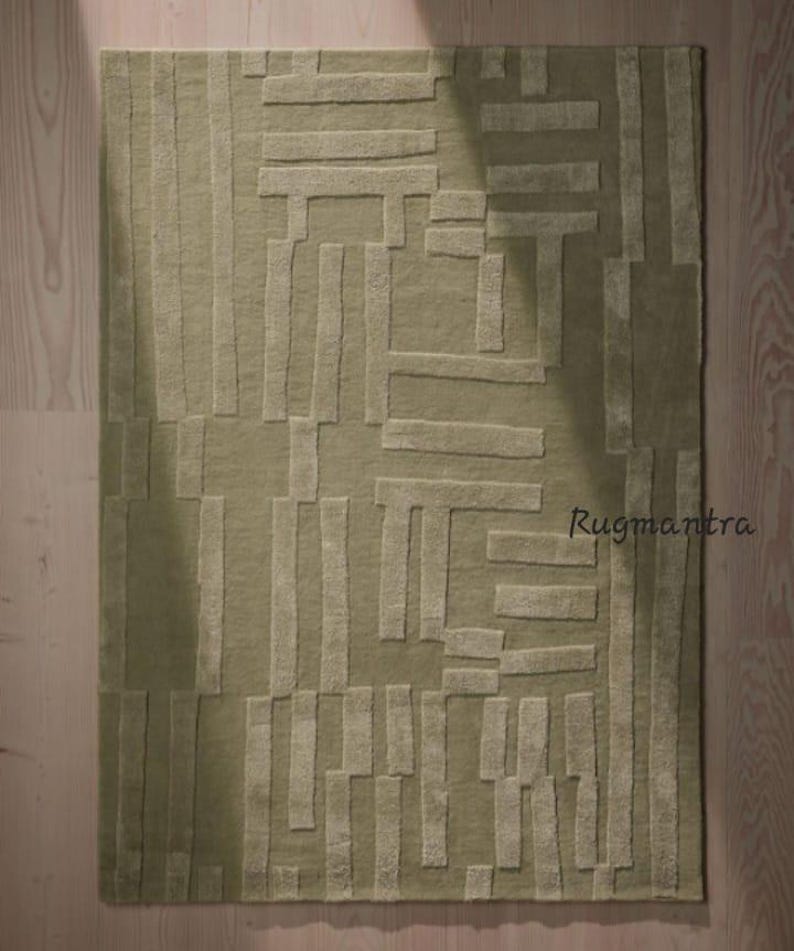 Minimalist Sage Green High Low Rug Premium Quality Designer Handtufted