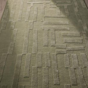 May include: A green area rug with a geometric pattern of raised lines and rectangles. The rug has a subtle texture and a contemporary design.