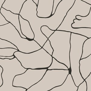 以下が含まれることがあります： 薄いベージュの背景に黒い線が描かれた抽象的なパターン。線は形と曲線のネットワークを作成しています。