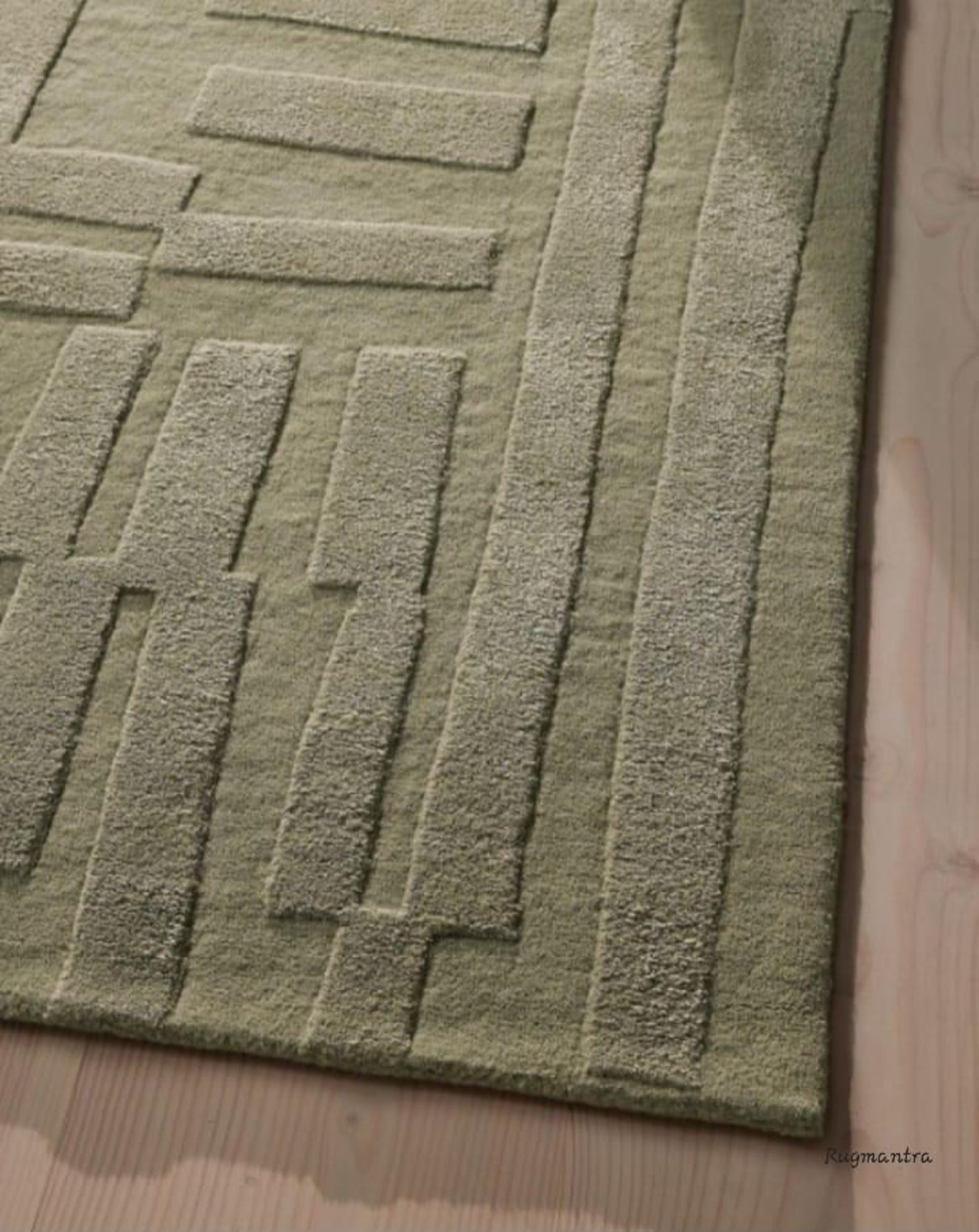 Minimalist Sage Green High Low Rug Premium Quality Designer Handtufted