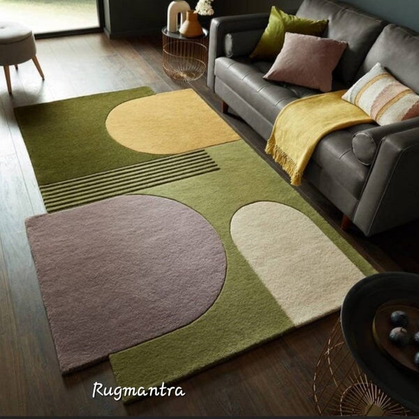 Premium Quality Handmade  vibrant Green color ModernAbstract irregular odd shape unique Woolen Tufted area Rug for Living Room Bedroom Gifts