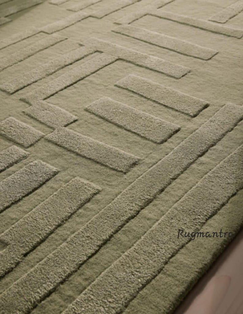 Minimalist Sage Green High Low Rug Premium Quality Designer Handtufted