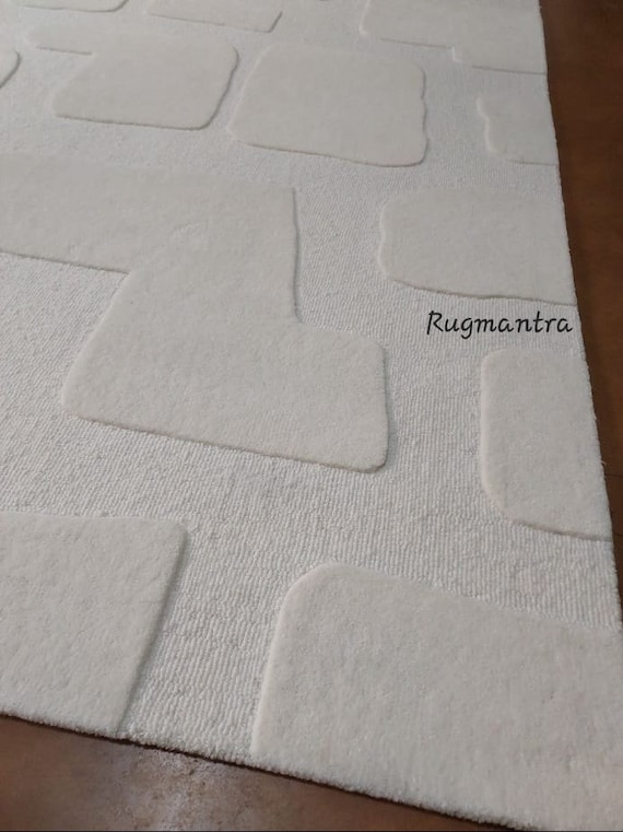 Modern Abstract 8x10 prenium loop cut ivory white handtufted area rug for living room bedroom and office made by 60'Count newzealand wool