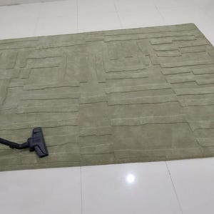 May include: A green patterned rug is being vacuumed with a handheld vacuum cleaner.