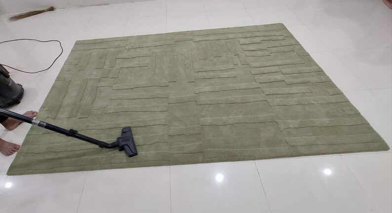 May include: A green patterned rug is being vacuumed with a handheld vacuum cleaner.