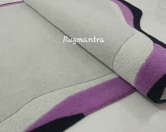 Minimalist Modern Abstract 9x12 Grey contrast purpIe rregular shape Handmade contemporary wool Tufted Area Rug forLiving Room Dining Bedroom