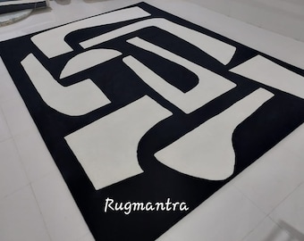 Premium Quality Modern Abstract Handmade woolen  Tufted Area Rug for Living Room Bedroom contemporary rug 5x8 6x9 8x10,10x14,Black/white rug