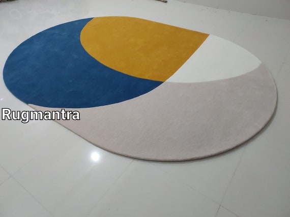 Irregular Oval shape rug blue baige premium quality 100%wool handtufted rug for living room bedroom no shed rug Christmas gift home decor
