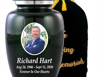 Personalized Photo Cremation Urn, Adult Memorial Urn, Velvet Bag