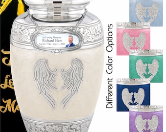 Personalized White Angel Wings Cremation Urn, Adult Urn, Memorial Medallion