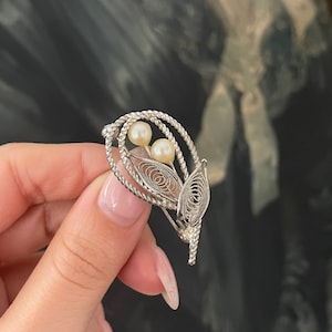 Vintage Mid Century Japan Silver Filigree Genuine Pearl