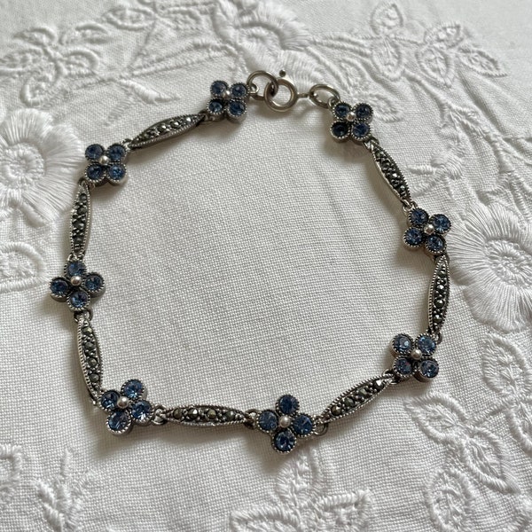 Vintage Edwardian 1910s 1920s Style Sterling Silver Marcasite And Topaz Floral Bracelet