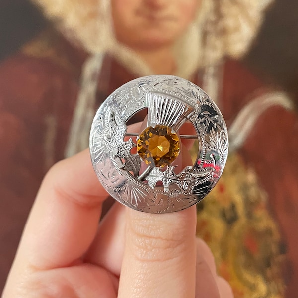 Vintage Ward Brothers Scottish Thistle Citrine Glass Paste Brooch