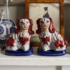 Pair of Antique Staffordshire Spaniel Figurines Blue Base