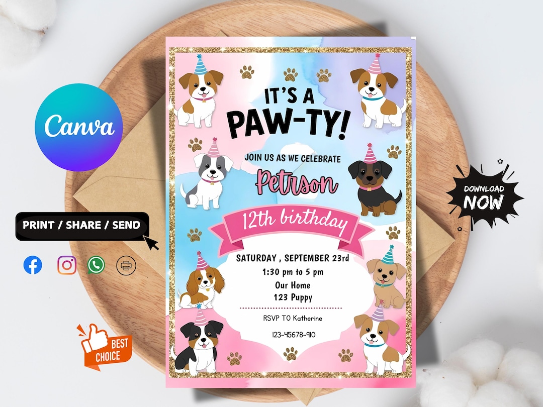Editable Puppy Birthday Invitation Template, Dog Party Invite (digital ...