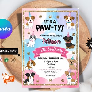 Modelo de convite de aniversário de filhote editável, convite para festa de cachorro, comemoração de animal de estimação fofo, convite para cachorro para impressão, download instantâneo, festa faça você mesmo