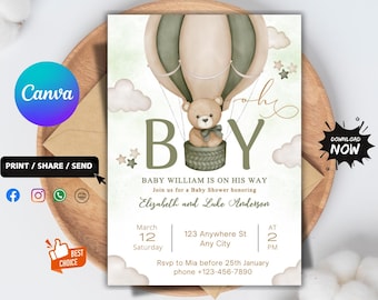 Invitation de fête de naissance d'ours en peluche | Thème bleu (téléchargement numérique)