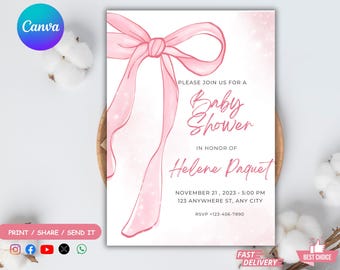 May include: Pink baby shower invitation with a pink ribbon bow illustration and the text "Please join us for a Baby Shower in honor of Helene Paquet November 21, 2023 - 5:00 PM 123 Anywhere St, Any City RSVP +123-456-7890"
