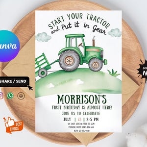 Invitación de cumpleaños editable de tractor verde para niños, plantilla de invitación para fiesta de cumpleaños de granja, tractor imprimible para cualquier edad.