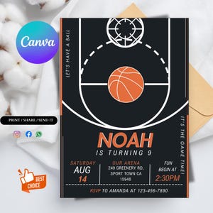 Convite de aniversário de basquete | Modelo de convite para festa esportiva | Convite para impressão editável para meninos e meninas