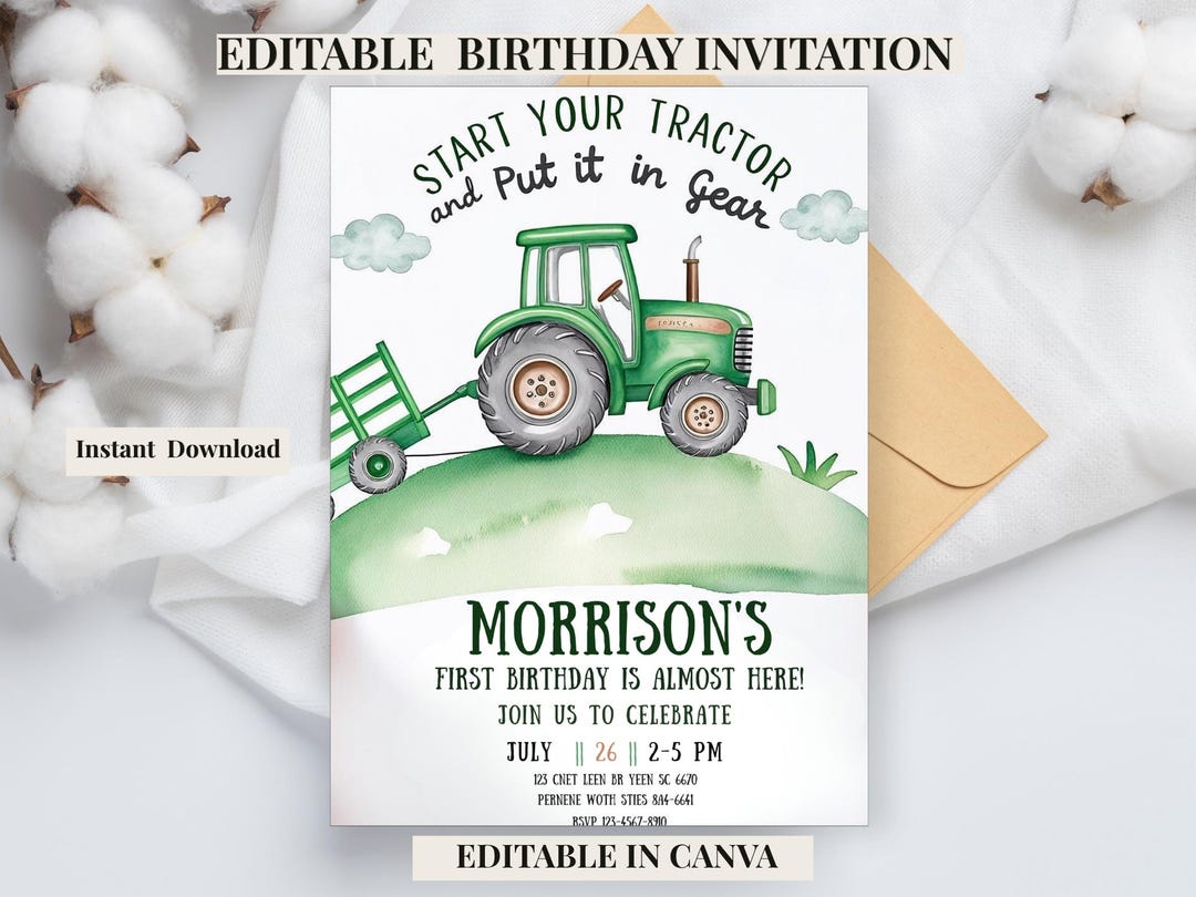 Tractor Birthday Invitation Template Editable, Farm Birthday Invite Boy ...