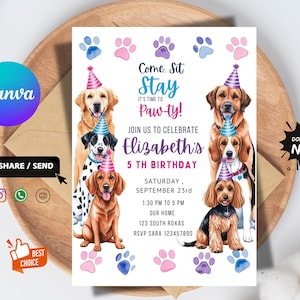 Plantilla de invitación de cumpleaños de perro editable, invitación de fiesta de cachorros, invitación de perro lindo, tarjeta de cumpleaños de mascota imprimible, descarga instantánea