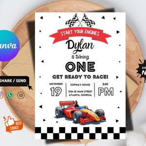 Bewerkbare raceauto verjaardagsuitnodiging | Uitnodiging sportwagenfeestje jongens | Afdrukbare raceauto-uitnodigingssjabloon | Direct downloaden op canvas