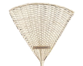 May include: A white woven hand fan with a brown label that says "BOHOFHY".