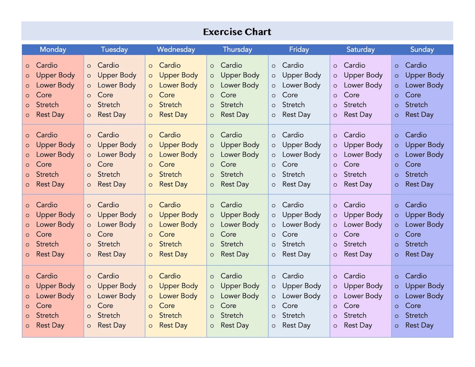 Exercise Chart/workout Schedule Printable PDF - Etsy