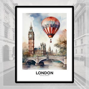 Stampa di Londra. Stampa artistica di viaggio. Mongolfiera. Arte murale. Luminosa. Colorata. Illustrazione. Paesaggio di Londra.