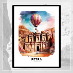 Petra. Stampa artistica di viaggio. Mongolfiera. Arte murale. Luminosa. Colorata. Illustrazione. Paesaggio di Petra.