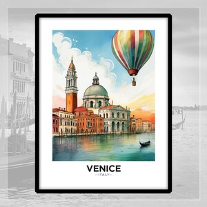 Stampa di Venezia. Stampa artistica di viaggio. Mongolfiera. Arte murale. Illustrazione.