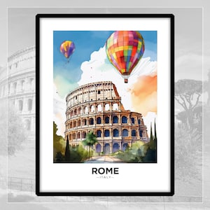 Stampa di Roma. Stampa artistica di viaggio. Mongolfiera. Arte murale. Luminosa. Colorata. Illustrazione. Paesaggio di Roma.