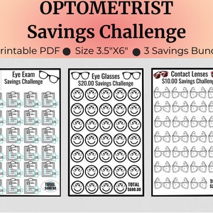 May include: Printable savings challenge tracker for eye exams, glasses, and contact lenses. The tracker is divided into three sections, each with a different theme. The eye exam section features a checklist of 20 eye exams, each worth $20. The glasses section features a grid of 20 smiley faces, each worth $20. The contact lenses section features a grid of 20 pairs of glasses, each worth $10. The total savings for each section is displayed at the bottom of the tracker.