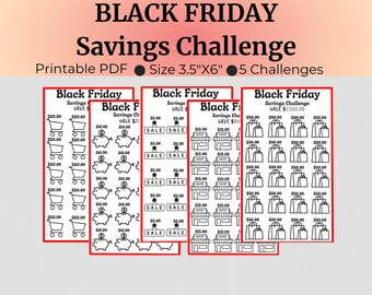 Puede incluir: Desafío de ahorros del Black Friday imprimible con cinco desafíos diferentes. Cada desafío tiene un objetivo de ahorro diferente, como 20,00 €, 10,00 €, 50,00 € y 1 000,00 €. Los desafíos están diseñados para ayudar a las personas a ahorrar dinero durante la temporada de compras del Black Friday.