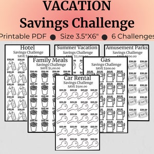 May include: Printable black and white savings challenge tracker sheets for a vacation. The sheets include categories for hotel, summer vacation, family meals, car rental, gas, and amusement parks. Each sheet has a goal amount to save and a grid of squares to color in as you save.