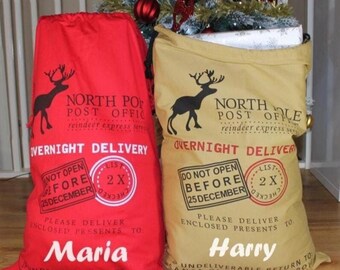 Personalised Santa Sack, Red/Natural Custom Christmas Gift Bag for Kids & Adults , Christmas Eve Bag, Xmas Decorations, North Pole Reindeer