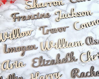 personalised wooden names, custom names for weddings, table seating plan, unique place cards, wedding guest favours, rustic wedding decor