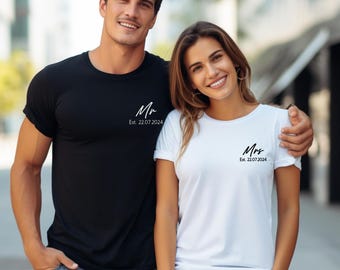 Mr. & Mrs. Matching T-Shirts, Couple Tees, Newlywed Shirts, Custom Couples Apparel, Personalised wedding date gift, Bridal shower present