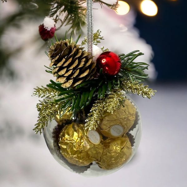 Christbaumkugel mit Ferrero Rocher Pralinen und festlicher Dekoration, Set mit 5 Stück