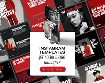 May include: A collection of 37 Instagram templates for social media managers. The templates feature a black and red colour scheme with bold white text. The text includes phrases like "Social Media Strategy", "Optimize & Redesign", and "Engage with Both Posts & Stories".