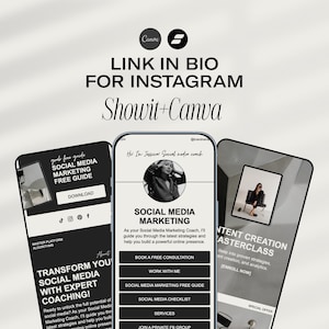May include: Image featuring three smartphones displaying social media marketing content. The phones showcase a free guide, expert coaching, and content creation masterclass. The text "LINK IN BIO FOR INSTAGRAM" is visible.