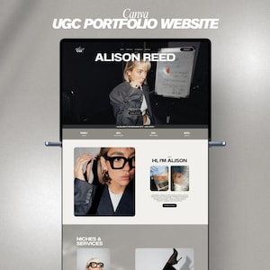 May include: A digital tablet displays a website with the text "UGC PORTFOLIO WEBSITE" and "ALISON REED." The website features images and text, including "HI, I'M ALISON." The tablet is set against a light gray background.