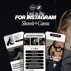 Può includere: Immagine promozionale con sfondo nero con tre smartphone che mostrano contenuti del sito web. Il testo "Link in Bio FOR INSTAGRAM Showit+Canva" è visualizzato in bianco. L'immagine include anche i loghi Canva e Showit.