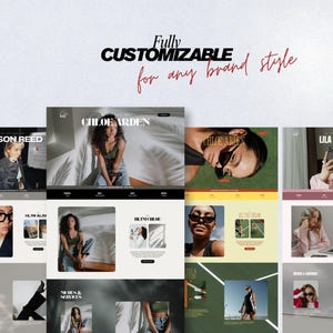 May include: A collection of website mockups with various layouts and branding. The phrase "Fully Customizable for any brand style" is displayed in black and red script. Each mockup features a different model and brand name, such as "Chloe Arden" and "Alison Reed."
