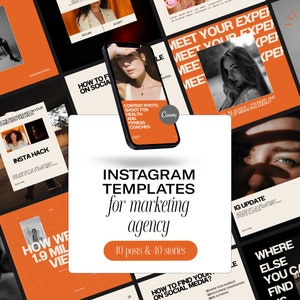 Op de afbeelding: Een verzameling Instagram-sjablonen voor marketingbureaus, met een modern ontwerp met oranje en crèmekleurige achtergronden. De sjablonen bevatten tekstoverlays en afbeeldingen, met het Canva-logo. Het ontwerp bevat 40 berichten en 10 stories.